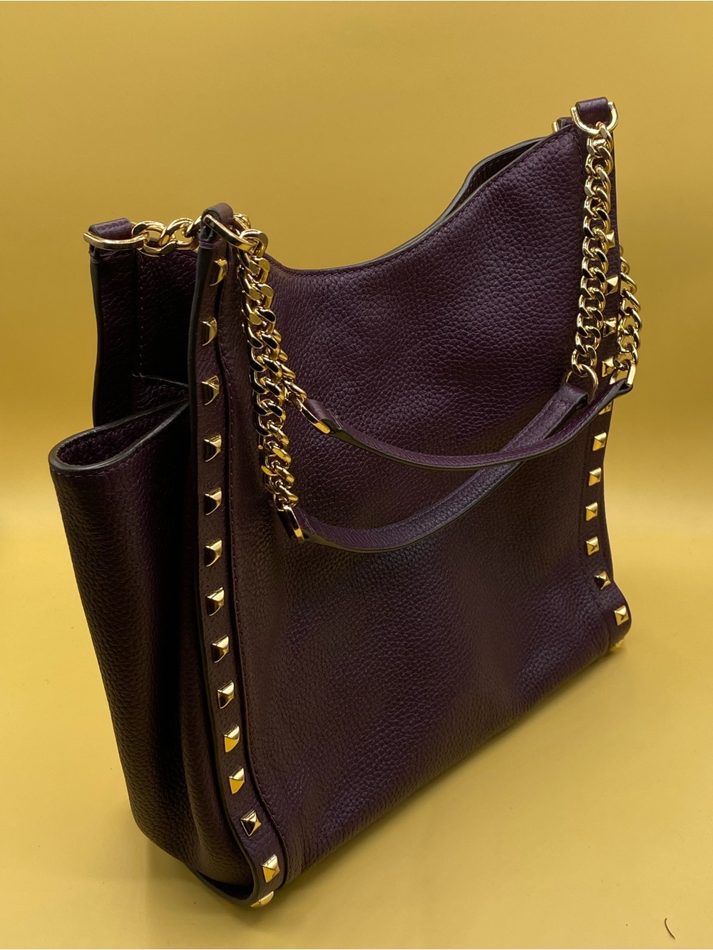Michael Kors Plum Leather Studded Hobo Shoulder Bag with Gold Hardware - Picture 3 of 4
